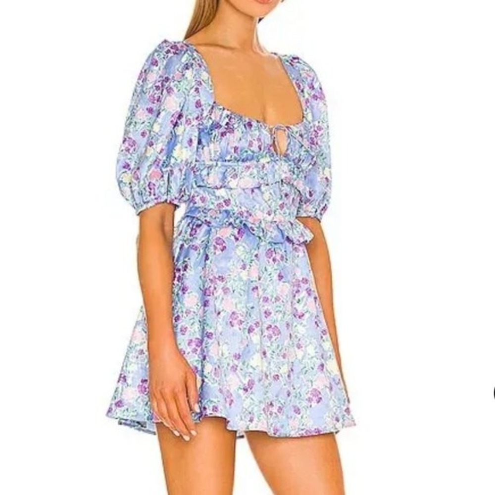 For Love & Lemons Charlene Puff Sleeve Mini Dress in‎ Blue Size Small